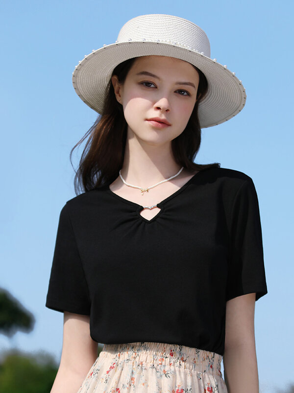 I BELIEVE YOU Women Black T-Shirts V-neck Hollow Out Slim Short-sleeve Female 2024 Summer New Chic Fashion Solid Tops 2242015628