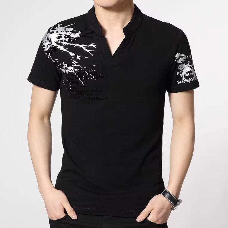 男性用半袖VネックTシャツ,夏のポロシャツ