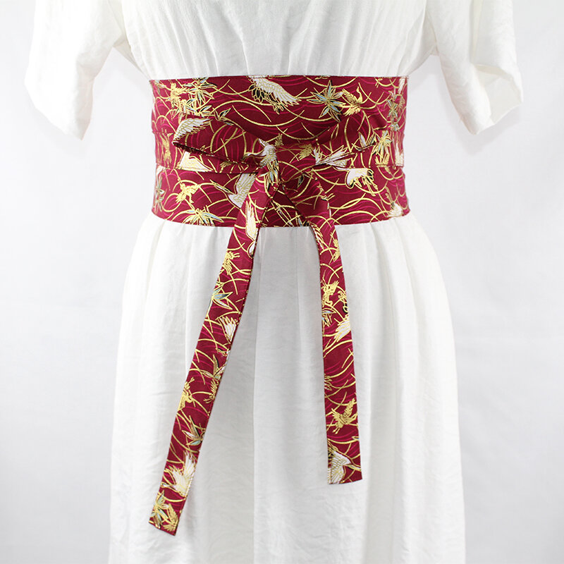 Japońskie Kimono pas z nadrukiem żurawia chińskie tradycyjne pas sukienka Retro Hanfu kobieta Haori Obi Yukata bandaż na pasach