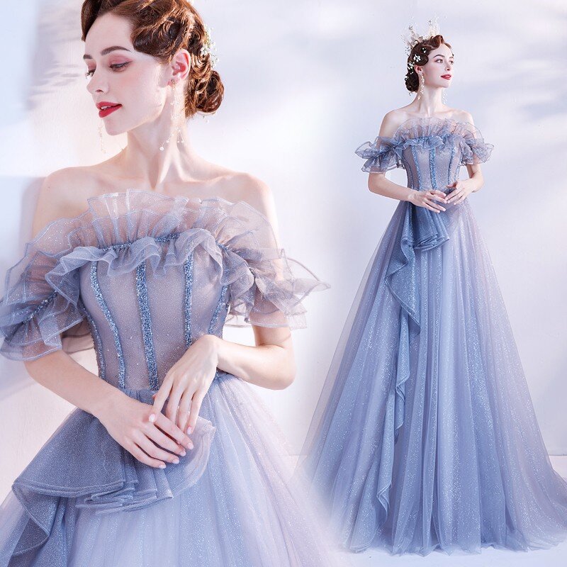 2024 neue Braut Hochzeits kleid, Business Bankett Kleid Host Gradient blau Sternenlicht Show Abendkleid