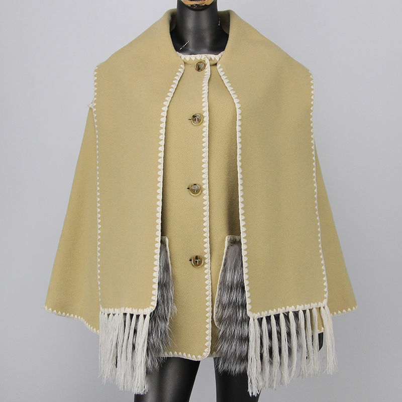 Chaqueta con bolsillo de piel de zorro para mujer, abrigo de Cachemira de mezcla de lana, bufanda de punto con borla, cuello suelto, ropa de abrigo de invierno
