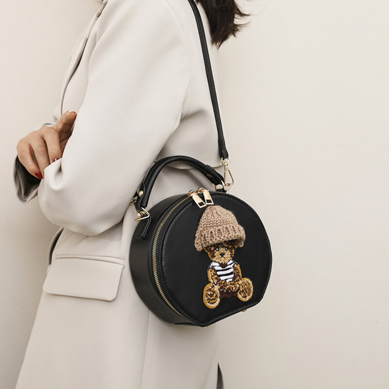 Cartoon Cute Bags for Women 2023 New Luxury Designer Handbag Bear Small Round Crossbody Bags Vintage Leather Shoulder Bag Woman