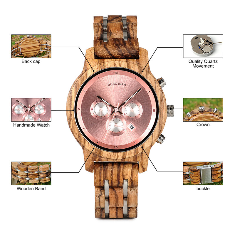 Bobobird cronógrafo relógio de quartzo seu e dela relógios de madeira para casal relógio de pulso feito à mão com calendário com caixa de presente de madeira