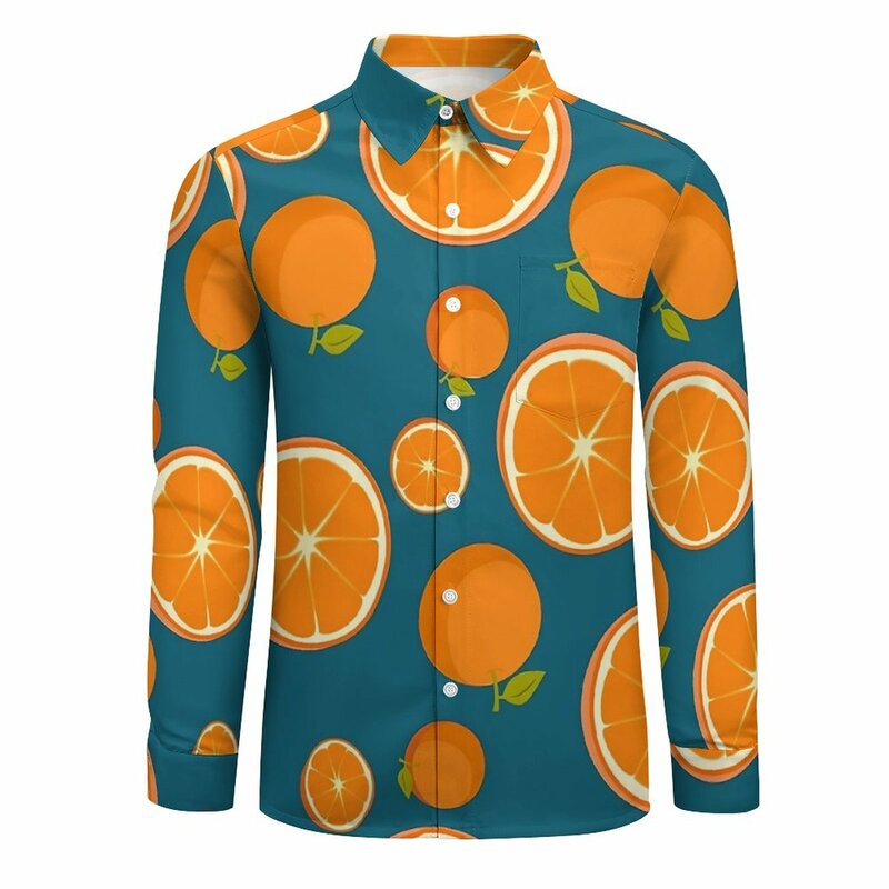 남성용 오렌지 셔츠, 과일 프린트 캐주얼 셔츠, 심미적 그래픽 블라우스, 긴팔, 루즈한 오버사이즈 탑 선물 아이디어, 가을