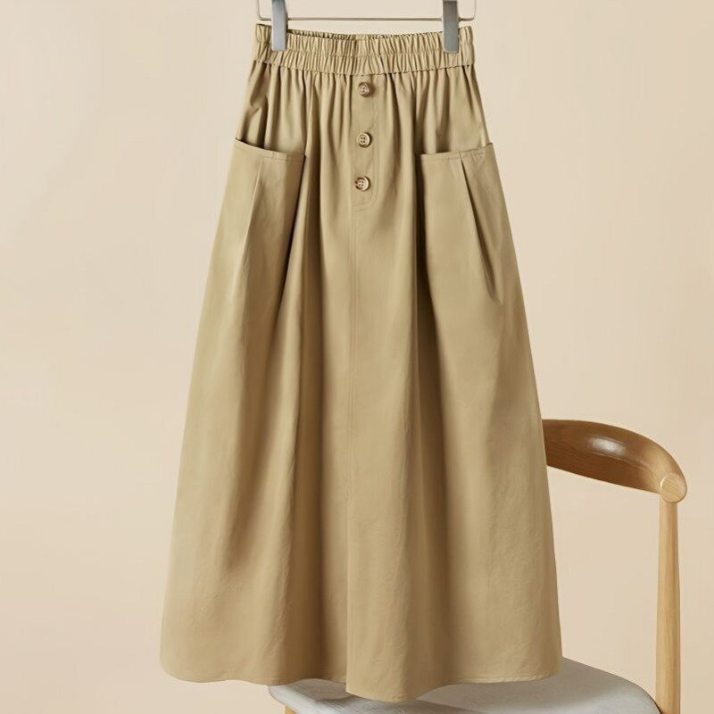 Summer New High End Korean Fashion Cotton A-line Skirt Women Solid High Waist Patchwork Button Pocket Loose Straight Skirt 2024
