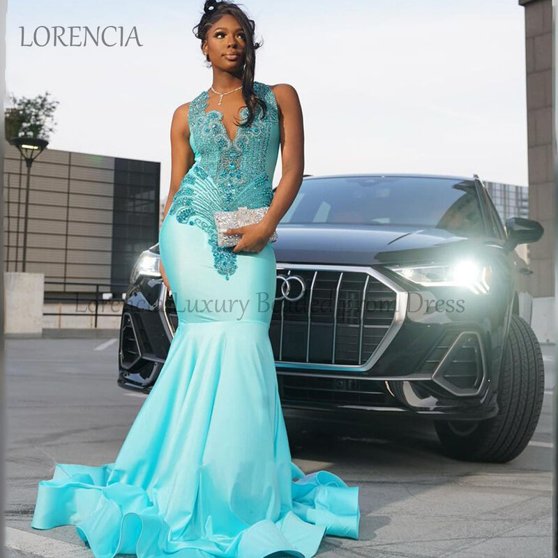 Long Rhinestones 2024 Blue Prom Dresses Mermaid Luxury Sparkly Crystals Evening Party Gowns For Black Girl vestidos de gala