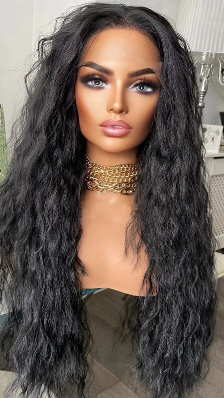 Diniwigs-peluca frontal de encaje sintético de onda profunda larga negra para mujeres negras, cabello de fibra de calor, rayita Natural, onda suelta, uso diario