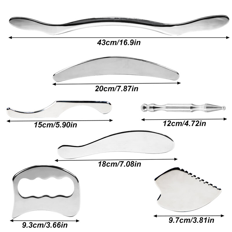 غوا شا مجموعة أدوات التدليك ، مجموعة أدوات IASTM ، أدوات gusha الفولاذ المقاوم للصدأ ، أدوات مكشطة العضلات لعلاج الأنسجة اللينة ، 7 قطعة