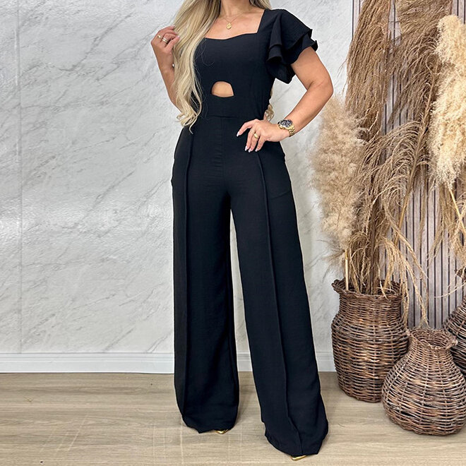 Women's Spring and Autumn New Fashion Style Square Neck Petal Sleeve Hollow Solid High Waist Loose Wide Leg Pants Jumpsuit