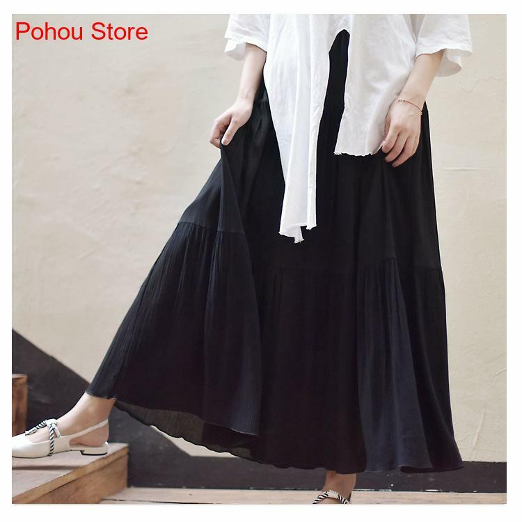 Spring and Summer Solid Color Wrinkled Cotton Large Skirt Cotton Linen Skirt Beach Long Skirt for Women