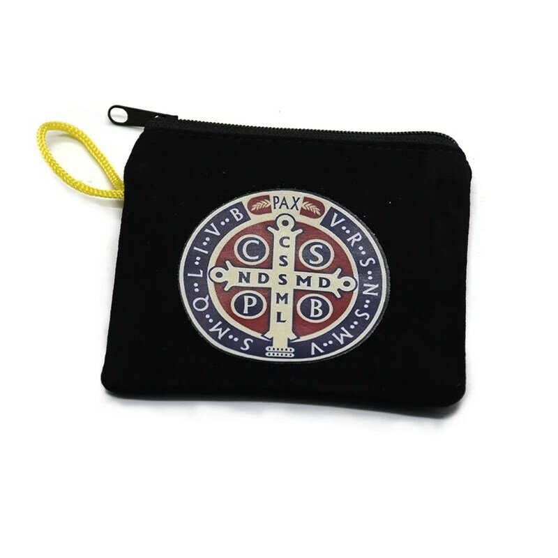 QIGO 세인트 베네딕트 컬러 프린트 블랙 벨벳 지퍼 로프 묵주 목걸이 보관 가방