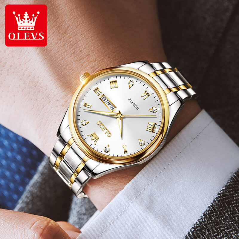 OLEVS jam tangan Quartz mewah untuk pria, jam tangan bisnis baja tahan karat tahan air dengan tanggal dan Minggu, jam tangan modis bercahaya untuk pria