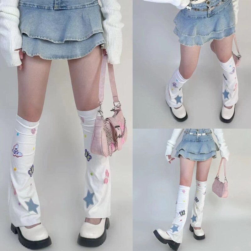 여성 고딕 펑크 다리 따뜻하게 귀여운 나비 스타 수 놓은 Y2K 소녀 다리 커버 Dropship