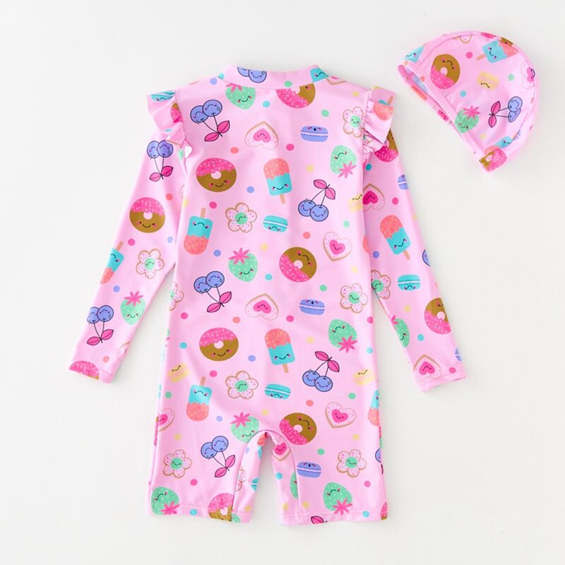 여아용 UPF50 도넛 프린트 수영복, 유아용 긴팔 수영복, 어린이 목욕 세트, 해변 자외선 차단 의류
