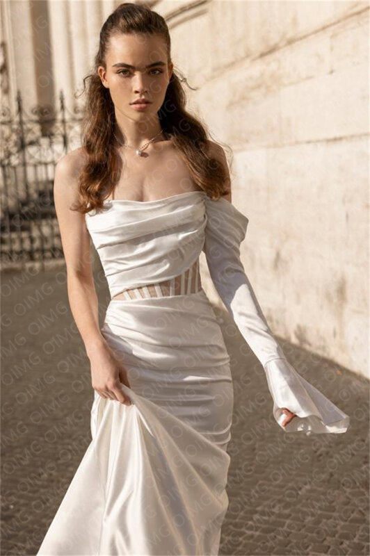 Oimg Luxus Satin Meerjungfrau benutzer definierte Größe Brautkleider von der Schulter eine Schulter arabische Prinzessin Brautkleider Abendkleid