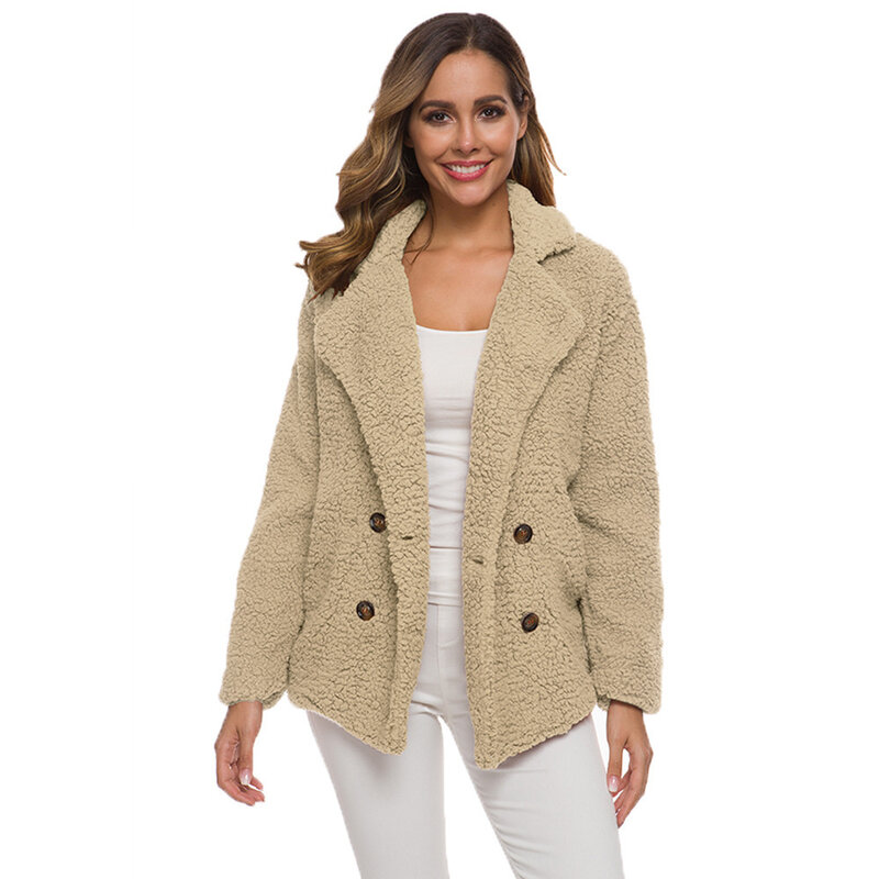 Осенне-зимняя женская одежда с лацканами, двубортное свободное плюшевое пальто из ягненка, кашемировое пальто для женщин
