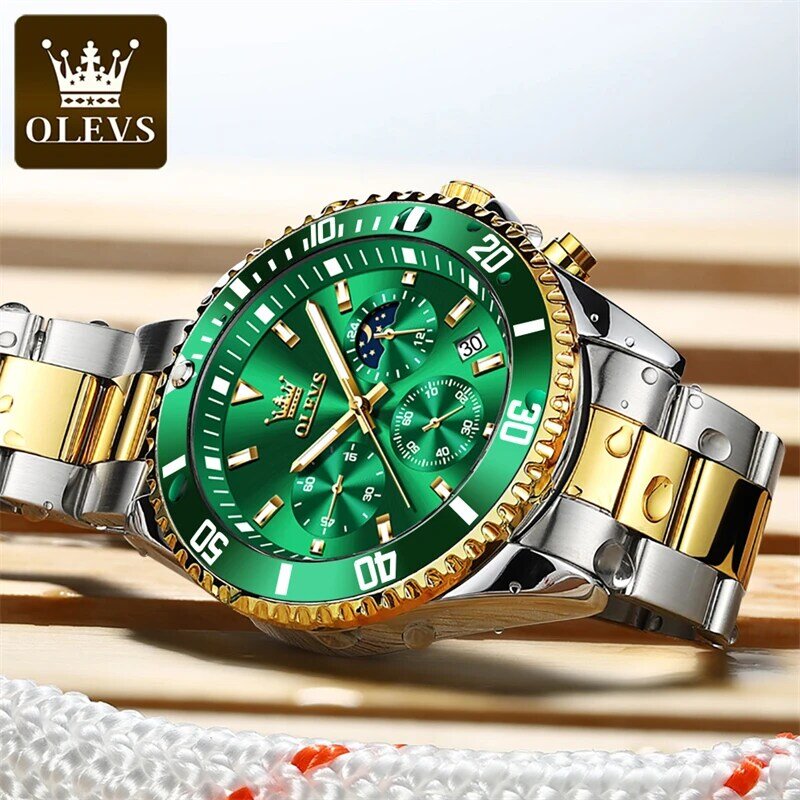 OLEVS สีเขียว Ghost Multifunctional ควอตซ์ Mens สแตนเลสกันน้ำนาฬิกาข้อมือทอง Relogio Masculino