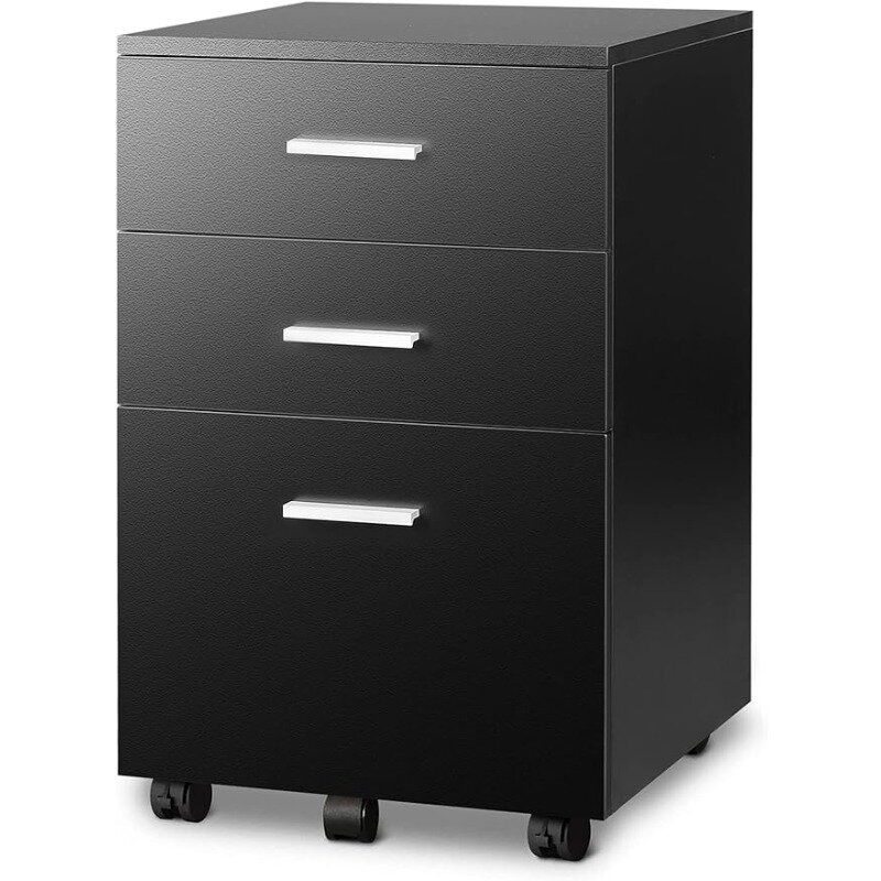 DEVAISE 3 Drawer Wood Mobile File Cabinet, Rolling Filing Cabinet for Letter/A4 Size, Black