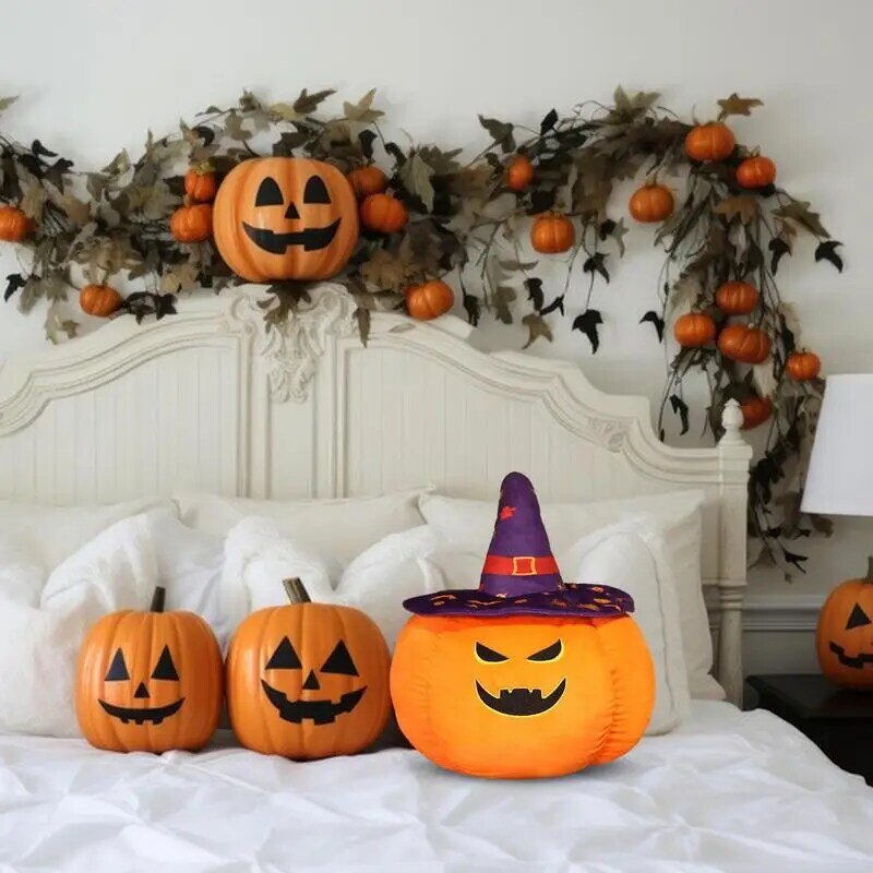 Almohada de calabaza con sombrero de bruja, muñeco de peluche de Halloween, sombrero de mago de terror, almohada de felpa suave, juguetes de peluche