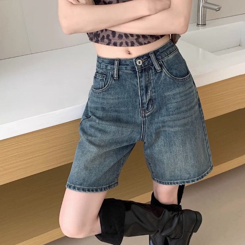 Retro Shorts Women Straight Washed High Waist Loose Summer Girls Simple All-match Leisure Korean Style Solid Trendy Streetwear