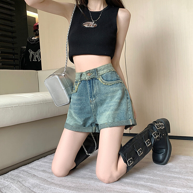 Denim Planet Rugged Denim Shorts For Women's Trendy Contrasting Color Loose High Waisted Straight Tube A-Line Casual Wide Leg