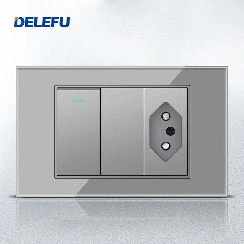 DELEFU-panel de vidrio templado, toma de interruptor estándar de Brasil, 118x72mm, 10A, 20A, gris, oro, negro, blanco