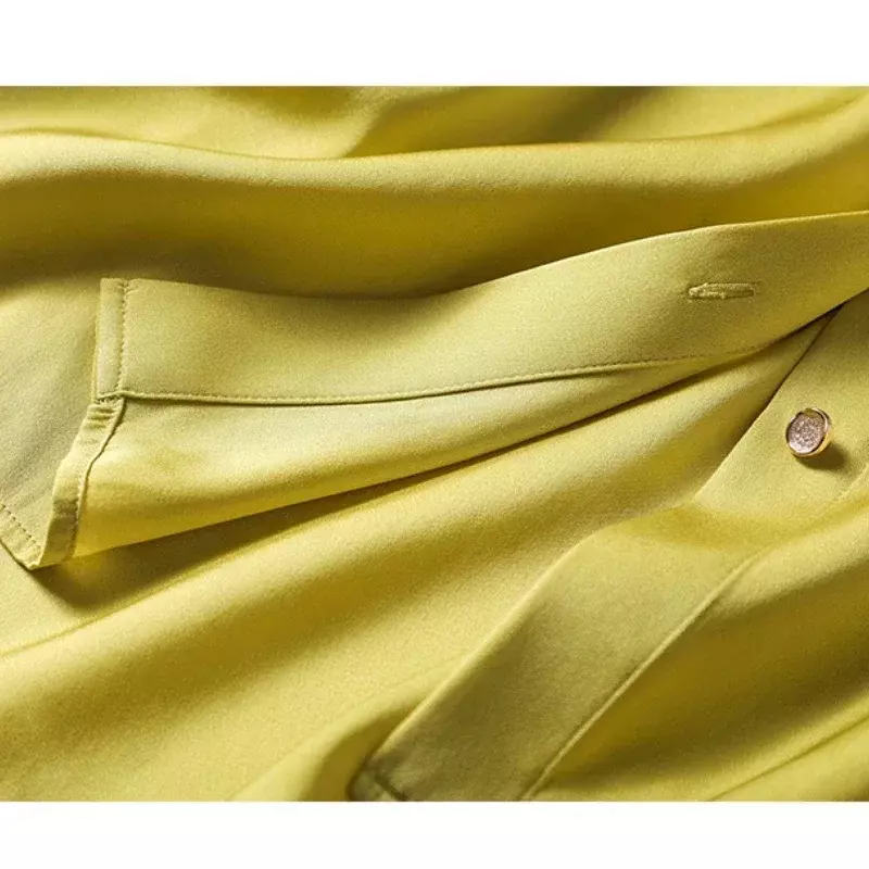 قميص نسائي فضفاض من الحرير مع ياقة مقلوبة ، بلوزة غير رسمية ، أكمام طويلة ، بلوزات أحادية اللون ، ملابس مكتبية ، موضة أنيقة ، خريف ، 29968