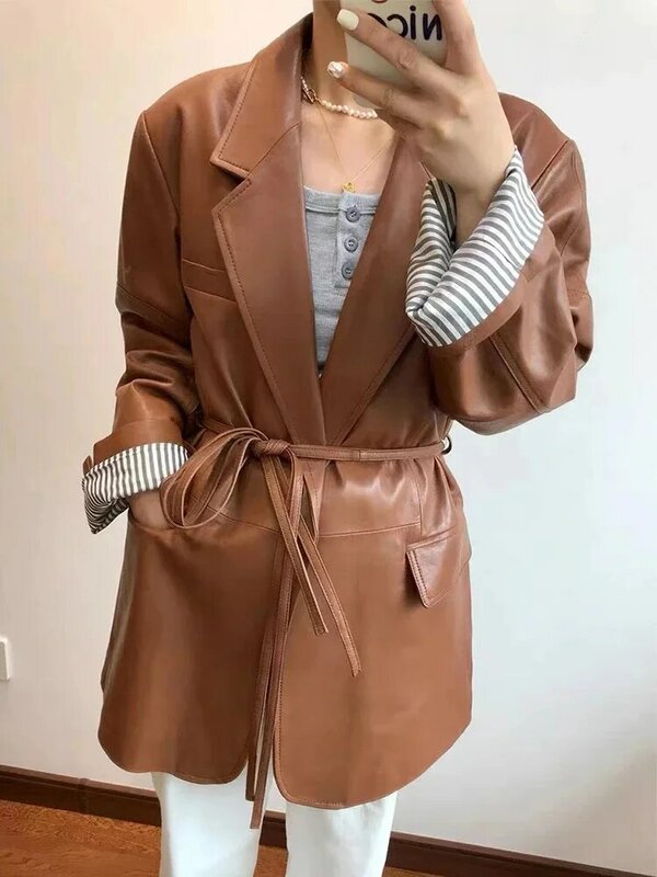 Blusão de couro europeu para mulheres, jaqueta de pele de carneiro bronzeada, casaco feminino do exército, blazer streetwear novo, 2022