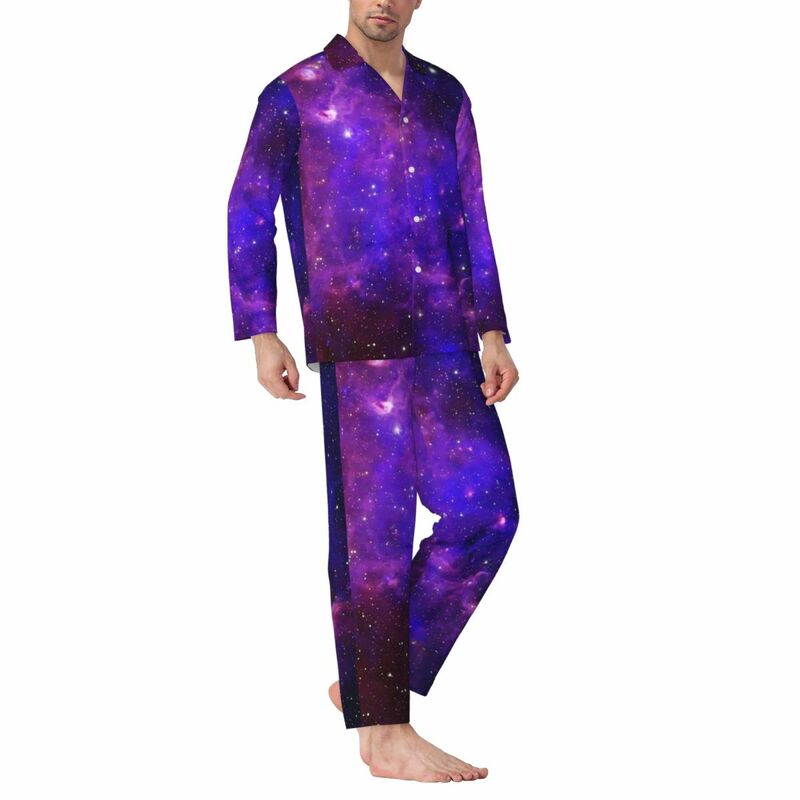 Conjunto de pijama roxo masculino, estampa vintage, pijamas Galaxy Room, manga comprida, confortável, terno de casa extragrande, 2 peças