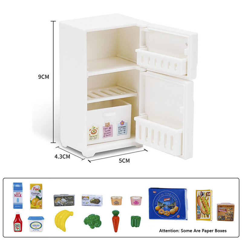 อุปกรณ์ตกแต่งโมเดลตู้เย็นขนาดเล็กสำหรับบ้านตุ๊กตา1เซ็ตของใช้ในครัว makanan rumahan ของเล่นสำหรับเด็ก