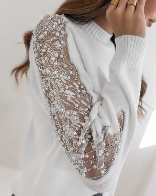 Women's Casual Sweater Mock Neck Long Sleeve Daily Work Winter 2023 Solid Contrast Sequin Beaded Sheer Mesh Patch Knit Sweater