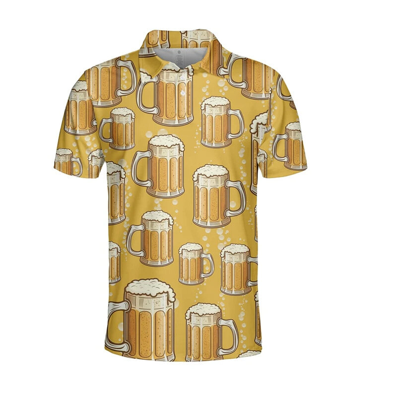 Cheers de bière! Polo à manches courtes imprimé en 3D pour hommes, vêtements hawaïens à boutons, streetwear décontracté, mode masculine