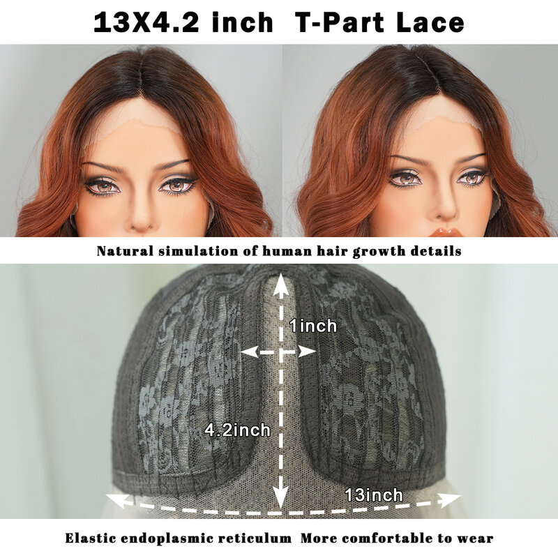 Perruque Lace Front Wig Synthétique Bouclée, Cheveux Longs, Deep Curly, Middle Part, Ombre Coppery Brown, Fluffy, High Density, Pre Plucked, HD