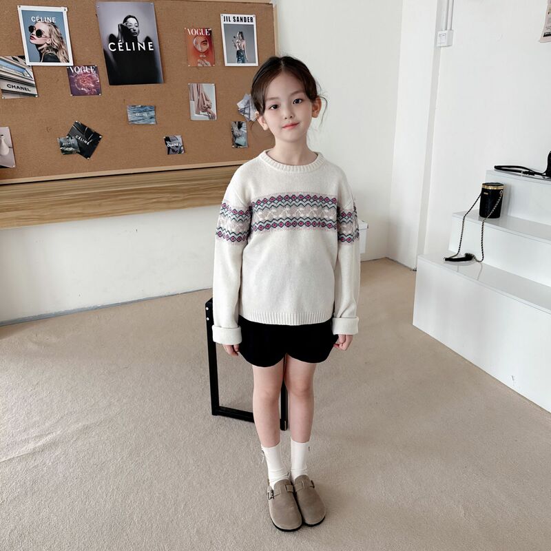 23 Autumn/Winter Girls' All Wool Cherry Jacquard Sweater Round Neck Thickened Warm Pullover Sweater Knit Top  Sweaters
