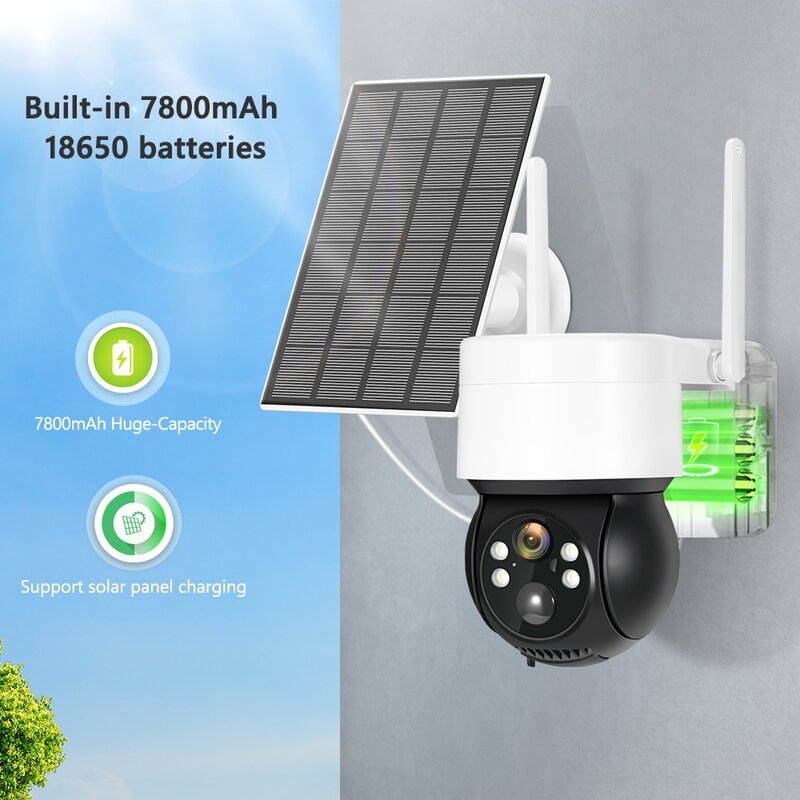 4MP 2K Wireless Surveillance Camera Wifi Solar Panel Outdoor PTZ Camera Built-in 7800mAh Recharge Battery 180 Days Standby ICSEE