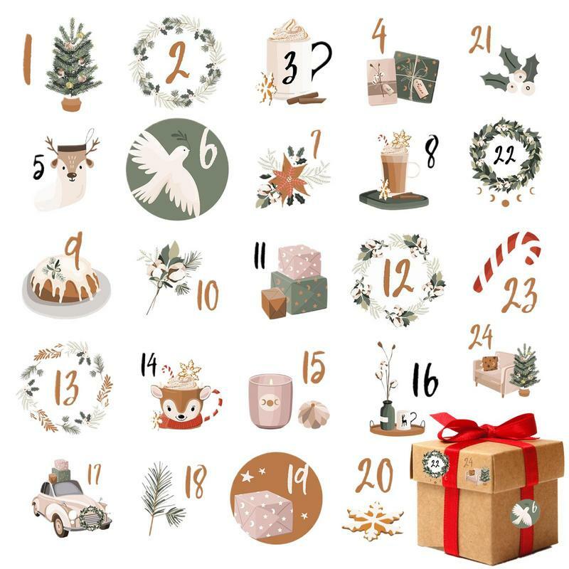 24 szt. Świąteczny kalendarz adwentowy 1-24 numer pieczęć do naklejenia wielofunkcyjne pudełko na ciasteczka prezent z cukierkami pakowanie etykiey