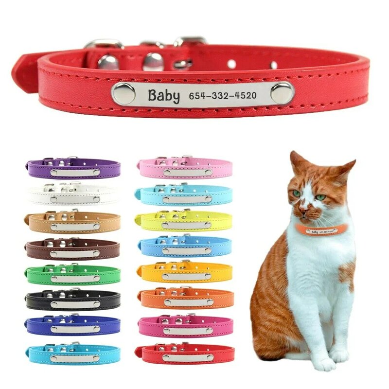 PU Leather Cat Collar Personalized Kitten Collar ID Name Engraving Pet Neck Starp For Cat Small Dog Puppy Accessories Necklace