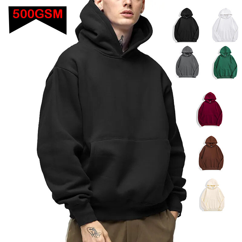 Hoodie pria berat badan 500GSM, Sweatshirt hoodie warna Solid, Atasan Pria katun tebal kasual musim gugur musim dingin, Hoodie mode berat
