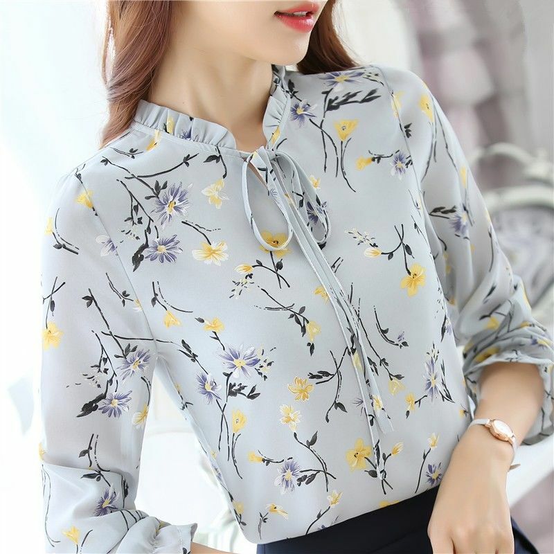 Blusa informal holgada de manga larga para mujer, camisa de Chifón con estampado Floral elegante, ropa estética elegante para primavera y otoño