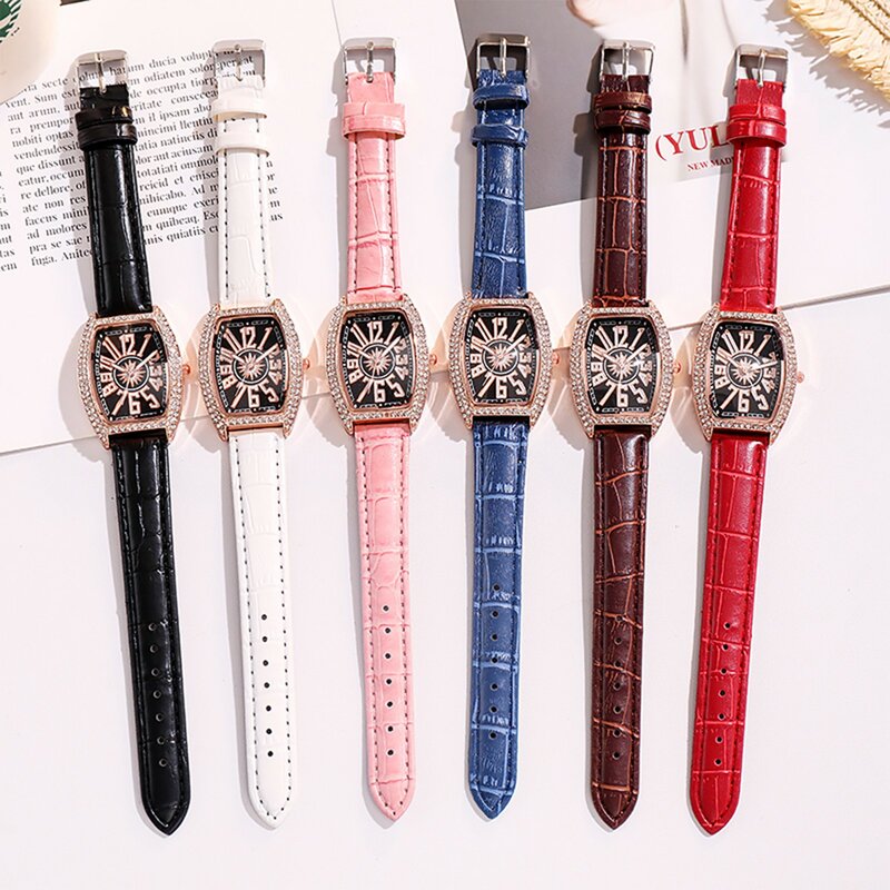 Vintage Ladies Watch Leather Belt Diamond-studded Wine Barrel Fashion Quartz Wristwatches Casual Faceted Watch Reloj Para Mujer