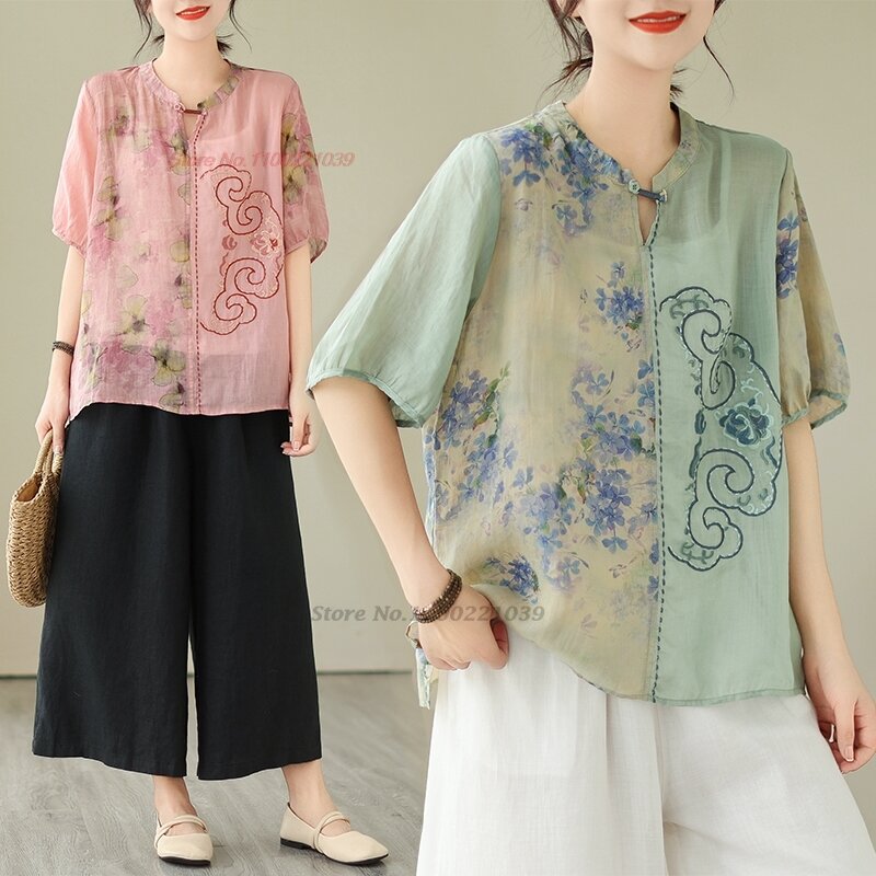 2024 traditional chinese vintage blouse national flower print embroidery folk o-neck blouse oriental streetwear ethnic blouse