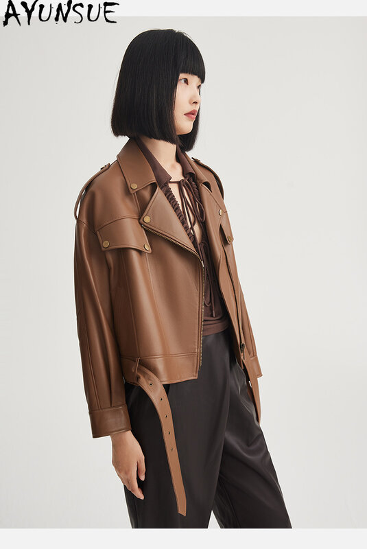 AYUNSUE-Chaqueta de cuero auténtico para mujer, abrigo corto de piel de oveja auténtica, holgado, ropa de calle para motorista, 100%, 2023