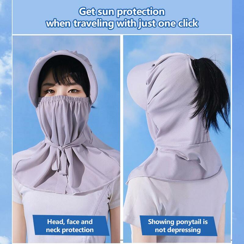 女性用の大きなつばのないUV日焼け止め帽子、保護帽子、通気性マスク、フェイスマスク、取り外し可能、屋外、乗馬、ビーチ、顔の保護、f3h9