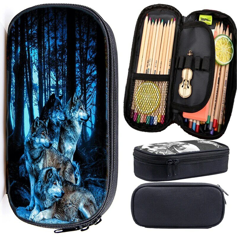 Wolfpack 인쇄 연필 가방, 화장품 케이스, 어린이 필통, 동물 호랑이 사자 펜 가방, 문구 가방, 어린이 학용품