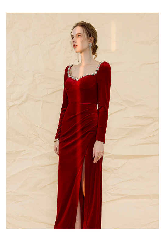 sweetheart neck bride red toast dress high-end engagement small dress velvet split pleated dress can be worn at ordinary times
