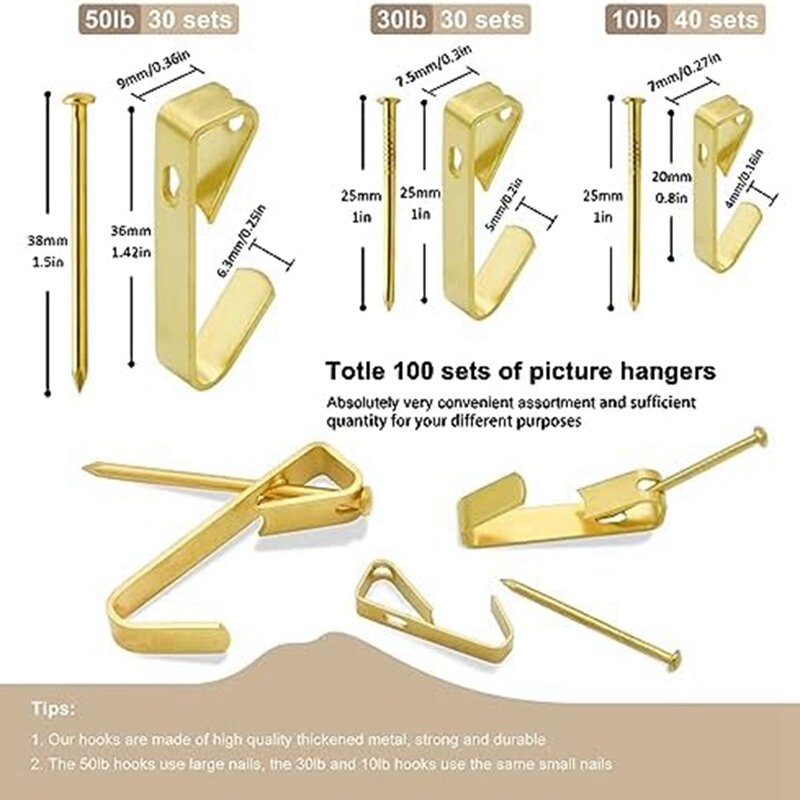 Picture Hanging Kit 3 Sizes Of Picture Hooks Set Kit Including 4.5Kg/13.6Kg/22.7Kg Picture Hooks For Drywall