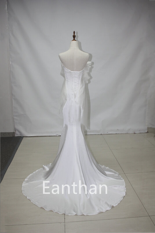 Gaun pernikahan panjang, baju pengantin Satin, punggung terbuka, renda Organza lipit lengan panjang, bahu terbuka, gaun pengantin