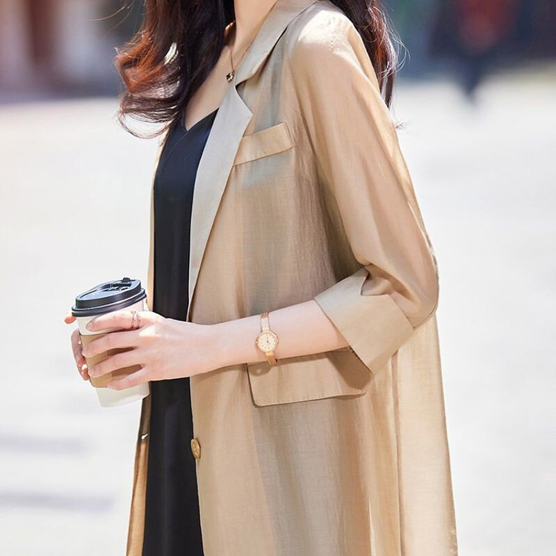 Blazer kantor wanita Korea, atasan kasual Semua cocok dengan kancing warna polos, Blazer Korea longgar musim panas 2023