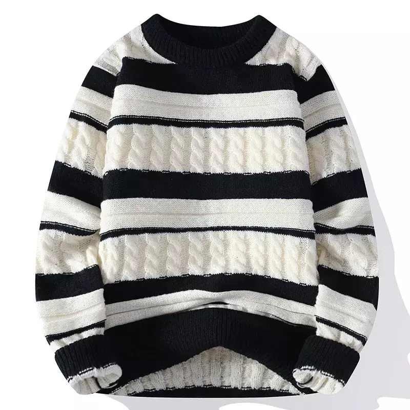 2024 Men's Autumn and Winter Thick Retro Striped Color Matching Crew Neck Pullover Sweater Teenagers Warm Leisure Sweater