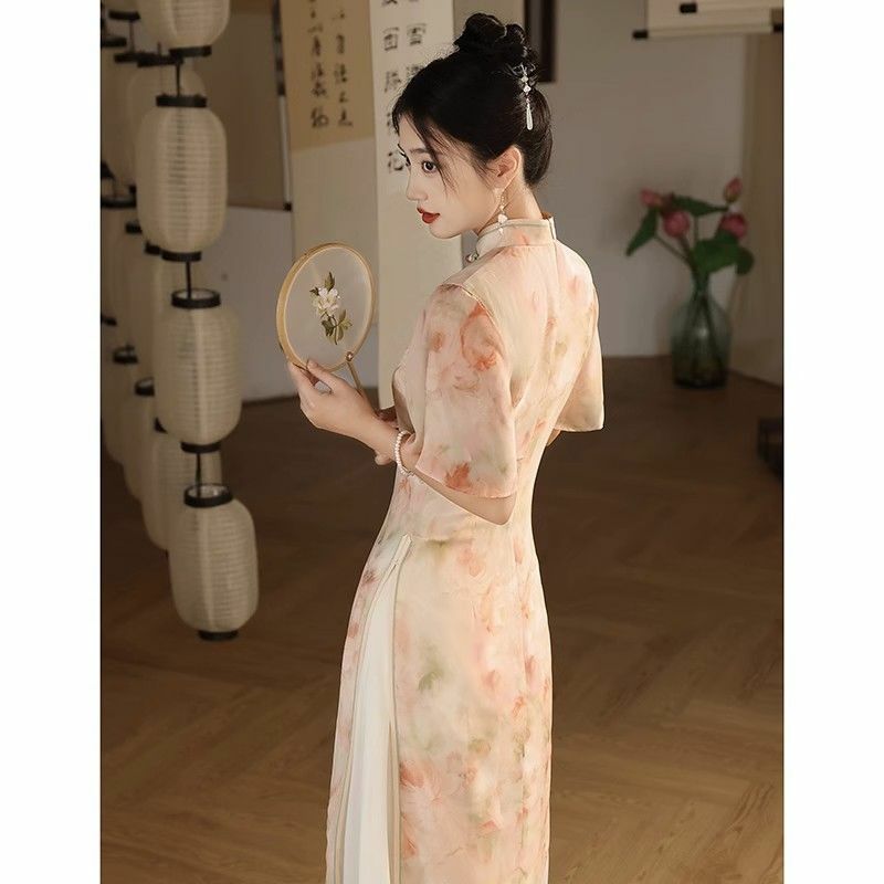 Vestido Aodai cheongsam de camadas longas para mulheres, estilo chinês, verão, diário, noite, tradicional, bordado, manga curta, rosa